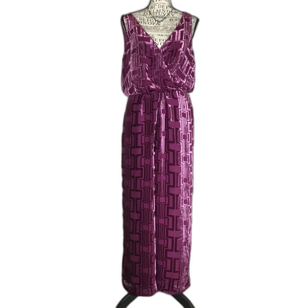 Trina Turk Sauvignon purple wine jumpsuit velvet burnout wide leg sz 6 classy